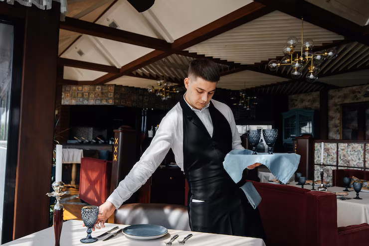joven camarero elegante uniforme dedica servir mesa hermoso restaurante gourmet restaurante alto nivel servicio mesa restaurante